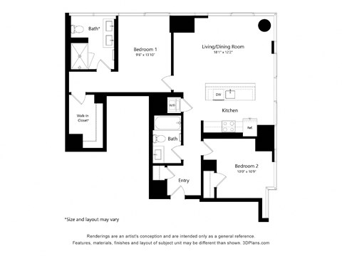 Floor plan for 2 beds, 2 baths, 1035 sqft